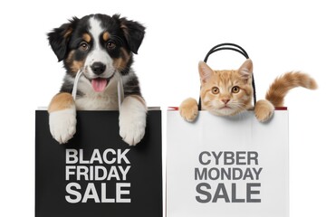 A dog and a cat in shopping bags promoting black friday and cyber monday sales on a white background
