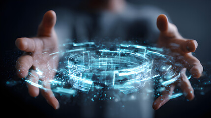 Futuristic technology in the palm of your hands shows data visualization, virtual reality, and innovation in action for a modern technological world