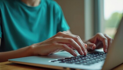 Young adult hands type on laptop keyboard. Person works on computer at wooden table. Student studies online, performs remote job. Modern person uses tech device indoors.