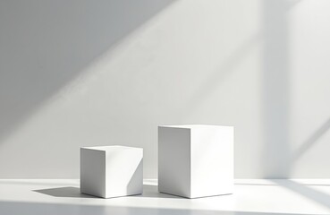 Two white cubes on a white surface with a wall behind. Sunlight casts shadows on the wall and floor. Empty geometric pedestals are ready for product placement.