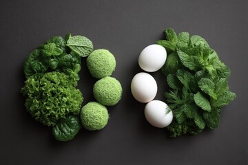 Green balance composition with fresh herbs and white eggs on dark background, symbolizing harmony and natural contrast ideal for wellness campaigns or eco food projects