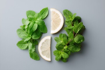 Fresh mint and lemon composition forming yin yang pattern on soft background symbolizing freshness and natural energy perfect for summer drinks or wellness visuals