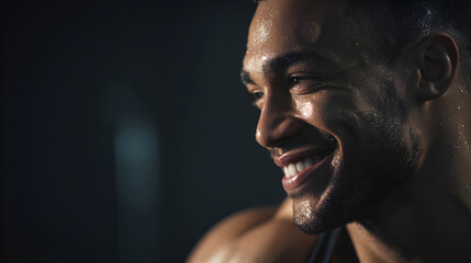 Radiant smile of a determined athlete, showcasing strength and positivity after intense training for fitness, gym, health, and lifestyle brands