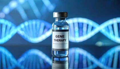 Medical vial labeled gene therapy in futuristic lab setting representing innovation in biotechnology, genetic engineering, healthcare revolution and DNA research progress