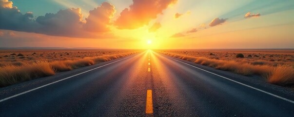 Sun-Drenched Highway Vanishing into Horizon Endless Asphalt Road Beckoning Adventure and Freedom