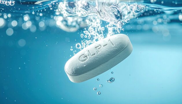White GLP 1 pill sinking into clear water with bubbles, representing modern healthcare, breakthrough therapy, innovation in weight management and diabetes treatment