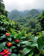 Lush, vibrant rainforest canopy teeming with exotic flora and dense foliage under a misty sky, overgrown, dense
