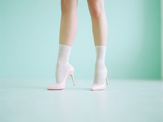 Beautiful female legs wearing stockings and high heels, elegant legs, fashion footwear, stylish hosiery, feminine style, glamour look