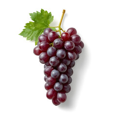 Fototapeta premium A ripe bunch of dark red grapes with a green leaf, isolated on white background