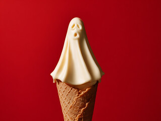 A creative and whimsical ice cream shaped like a ghost, perfect for Halloween themes, combining spooky and cute elements in a fun dessert concept.