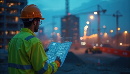 Obraz premium Civil engineer studies blueprint on twilight construction site with holographic data projection. Future building project plans and urban infrastructure management.