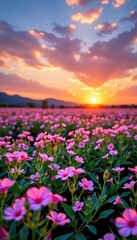 Vast field of delicate pink blossoms bathed in the warm, ethereal glow of a setting sun, creating a breathtakingly dreamy landscape, sky, pastoral, haze