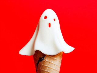 A creative and whimsical ice cream shaped like a ghost, perfect for Halloween themes, combining spooky and cute elements in a fun dessert concept.