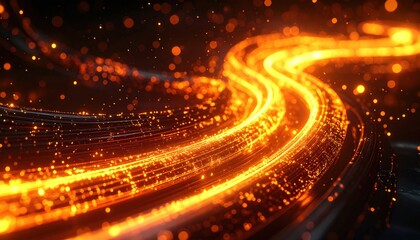 Glowing orange light trails with sparks symbolizing speed, innovation, futuristic technology, data flow, energy current and creative movement through digital space