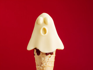 A creative and whimsical ice cream shaped like a ghost, perfect for Halloween themes, combining spooky and cute elements in a fun dessert concept.