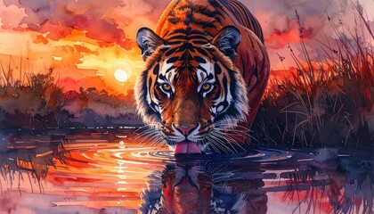 Majestic tiger drinking from reflective water under vibrant sunset sky symbolizing wild power, endangered species awareness, conservation and natural beauty