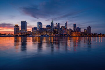 Fototapeta premium City skyline glows over calm twilight water in serene balanced reflection