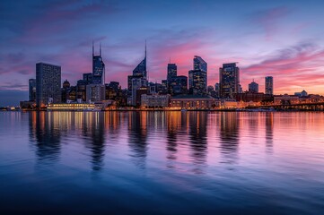 Fototapeta premium City skyline glows over calm twilight water in serene balanced reflection