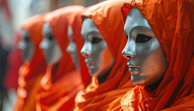Rows of silver masks draped in orange robes symbolizing anonymity and unity, representing ritual, identity, and silent protest in an artistic or cultural expression