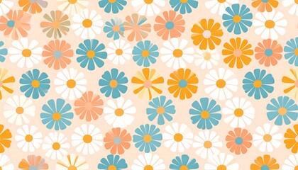 An abstract floral background featuring daisy-like blooms of various colors. Their petals radiate from a yellow center and overlap on a beige canvas