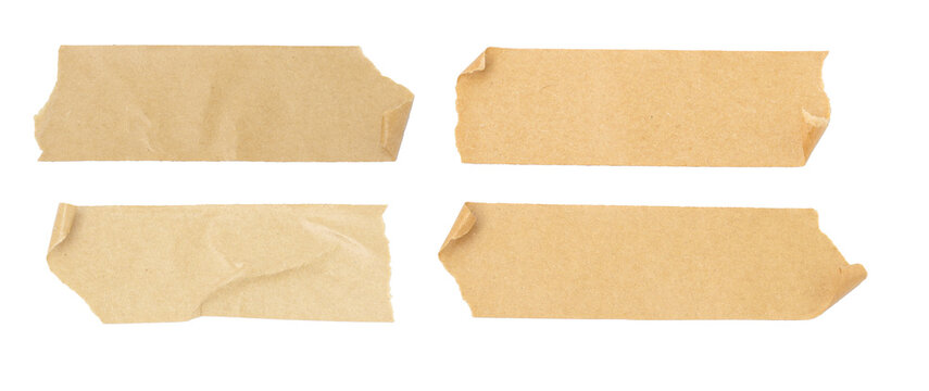 set of various pieces of brown masking tape isolated on a white background, Torn Masking Tape, adhesive paper tape isolated on a transparent background