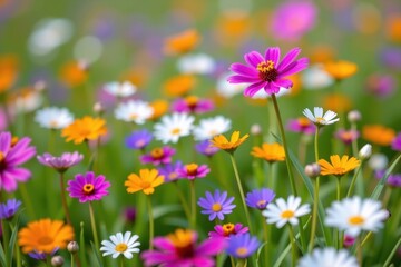 Obraz premium Soft focus spring meadow with vibrant wildflowers in bloom, blurred background, growth, green, tranquil meadow