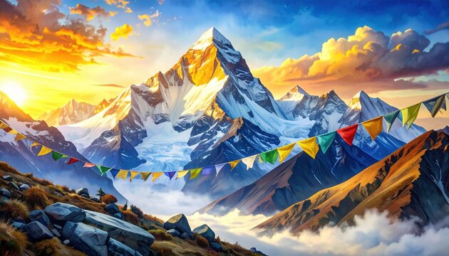 Golden sunrise over snow-covered Himalayan peaks with prayer flags fluttering, symbolizing peace, faith and human endurance in the high mountains of Nepal
