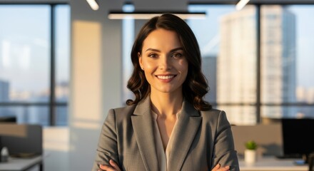 Fototapeta premium Confident businesswoman smiling in a modern office with city views, arms crossed, symbolizing leadership, professionalism, empowerment, and success in a contemporary and diverse corporate environment.