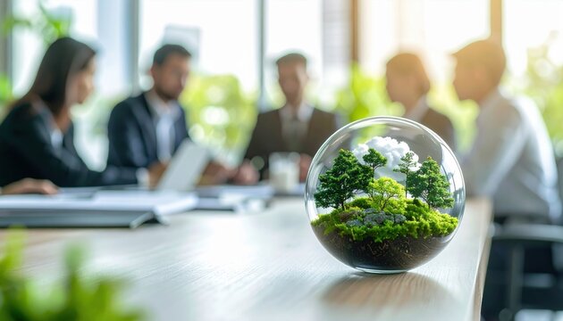 Glass globe with miniature forest on office table symbolizing environmental sustainability, green business strategy, ecological awareness and corporate responsibility meeting