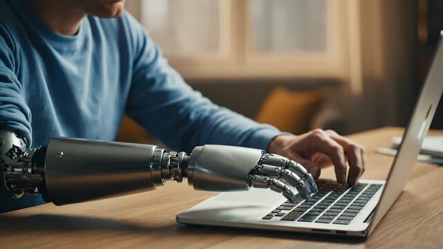 Person with a modern robotic arm due to disability is seen typing and using a laptop computer. Emphasizing the advancement in bionic technology
