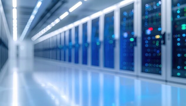 Empty data center corridor with illuminated server racks representing cybersecurity, cloud storage reliability and futuristic infrastructure of global digital transformation technology