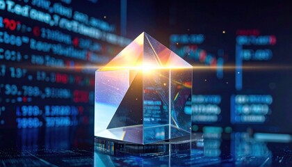 Transparent prism cube glowing with sunlight reflection in front of digital stock market interface representing clarity, vision, data transparency and innovation
