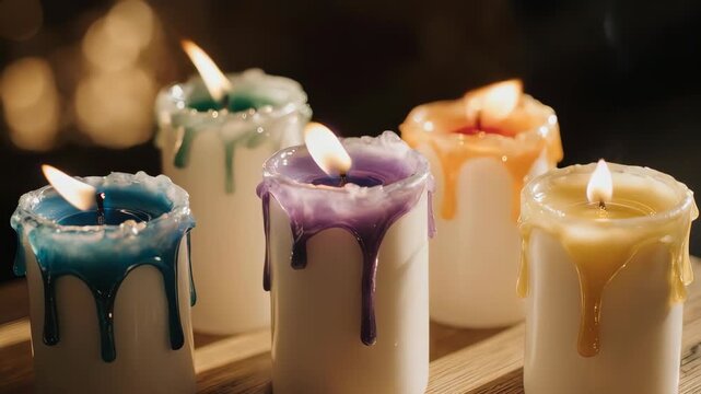 Close up of five colorful candles burning flames disturbed by a gust of wind, blurred background