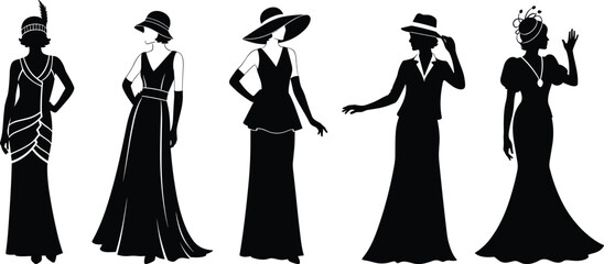 Vintage fashion silhouette, women’s style evolution, 1920s to 1970s, black figure illustration, long dress, hat icon, retro elegance, history