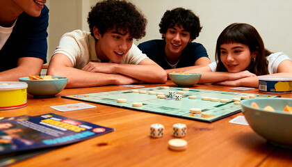 Fototapeta premium Happy group of young friends gathered around a board game at home, symbolizing connection, joy, and the timeless pleasure of spending quality time together in a relaxed, authentic atmosphere.
