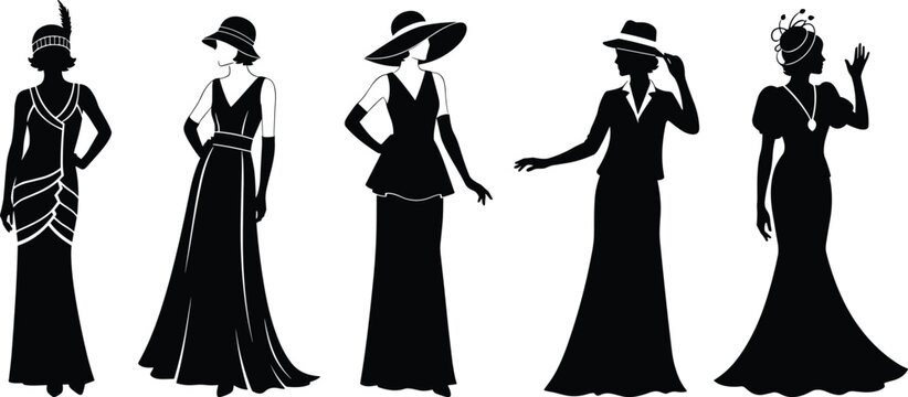 Vintage fashion silhouette, women’s style evolution, 1920s to 1970s, black figure illustration, long dress, hat icon, retro elegance, history