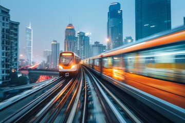 Obraz premium Fast-moving train in urban environment at dusk.