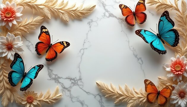 White marble background has colorful butterflies. Orange and blue insects fly near golden leaves and white flowers. This elegant border frames text, offering a beautiful luxury aesthetic.