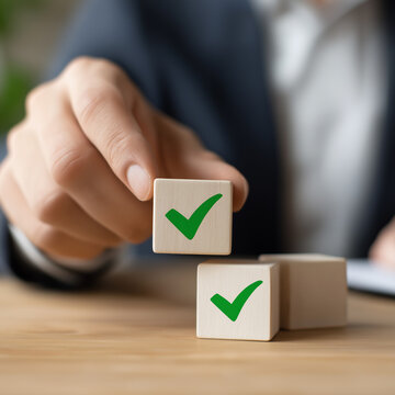School leader placing cube with green checkmark representing academic integrity, policy adherence, and quality assurance in administrative office- 