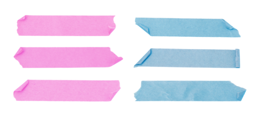 Set of colorful adhesive tape pieces, pink and purple duct tape strips with wrinkled texture isolated on a white background	