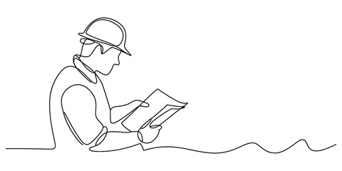 Minimalist continuous line drawing of a construction worker reading plans in a vest and hard hat vector