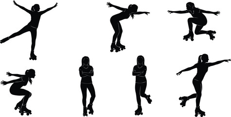 Roller skating silhouette, dynamic poses, black skater icons, active movement, inline skate illustration, sports vector, youth activity, stylish design