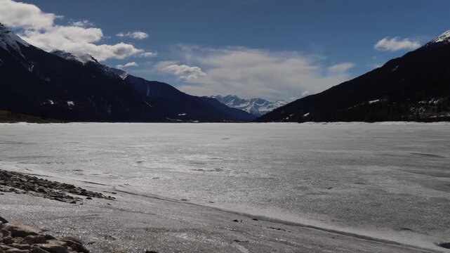 the reschensee lake in winter 4k 30fps timelapse video