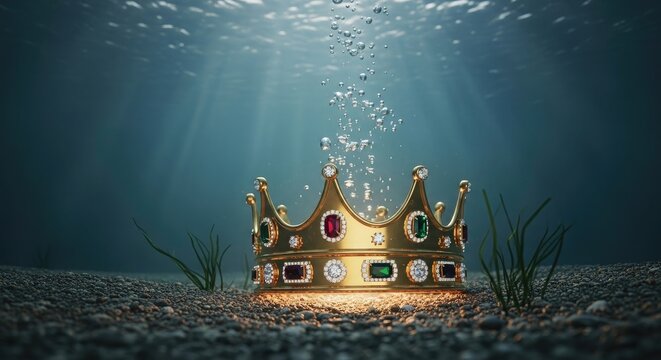 Ornate Gold Crown Underwater Jewels Regal Splendor Sunken Treasure Royalty Symbol Submerged Luxury Aquatic Opulence Historical Artifact Deep Sea Discovery