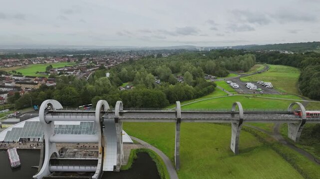 Falkirk Wheel from a drone, Forth and Clyde Canal, Falkirk, Scotland, UK	