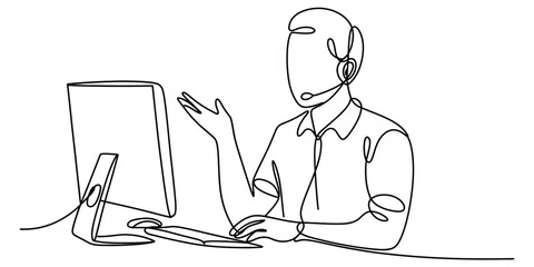 Minimalist continuous line drawing of a customer service representative at a computer working hard vector