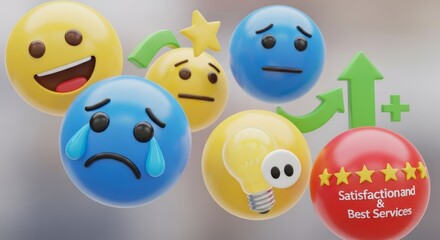 Obraz premium Colorful emoji faces with various emotions, light bulb, stars, and satisfaction rating, representing customer feedback, best services, creativity, and positive experience in service evaluation.