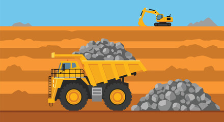 Flat vector of large mining dump truck transporting rocks from open-pit quarry, heavy industry and mineral extraction concept © meeblues