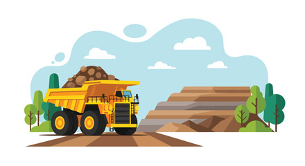 Flat vector of large mining dump truck transporting rocks from open-pit quarry, heavy industry and mineral extraction concept © meeblues
