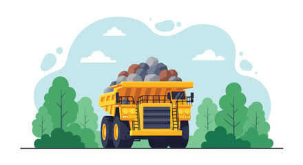 Flat vector of large mining dump truck transporting rocks from open-pit quarry, heavy industry and mineral extraction concept © meeblues